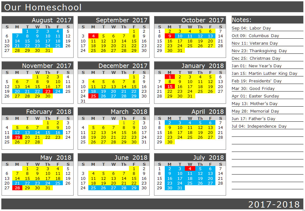 School calendar with traditional holidays | biblicalhomeschooling.org